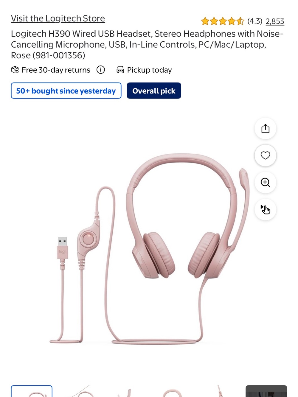 Logitech Rose Pink USB Headset with Noise-Cancelling Boom Microphone